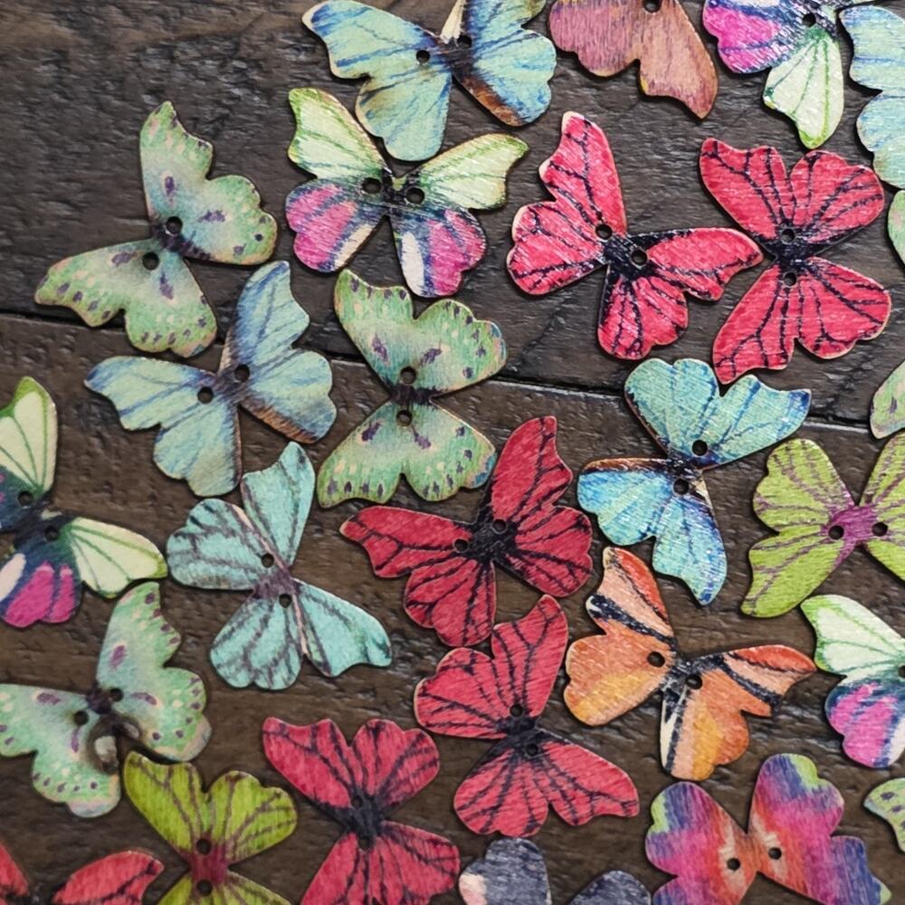 Wood Butterfly Beads 2 Hole Painted Colorful Craft Sewing Applique Jewelry Lot